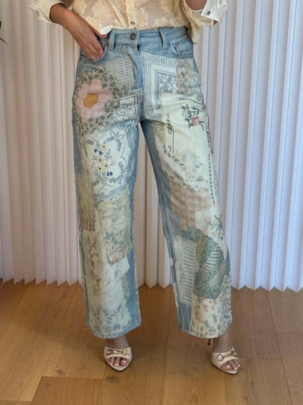 Patchwork Print Wide-Leg Jeans - Light Blue Floral